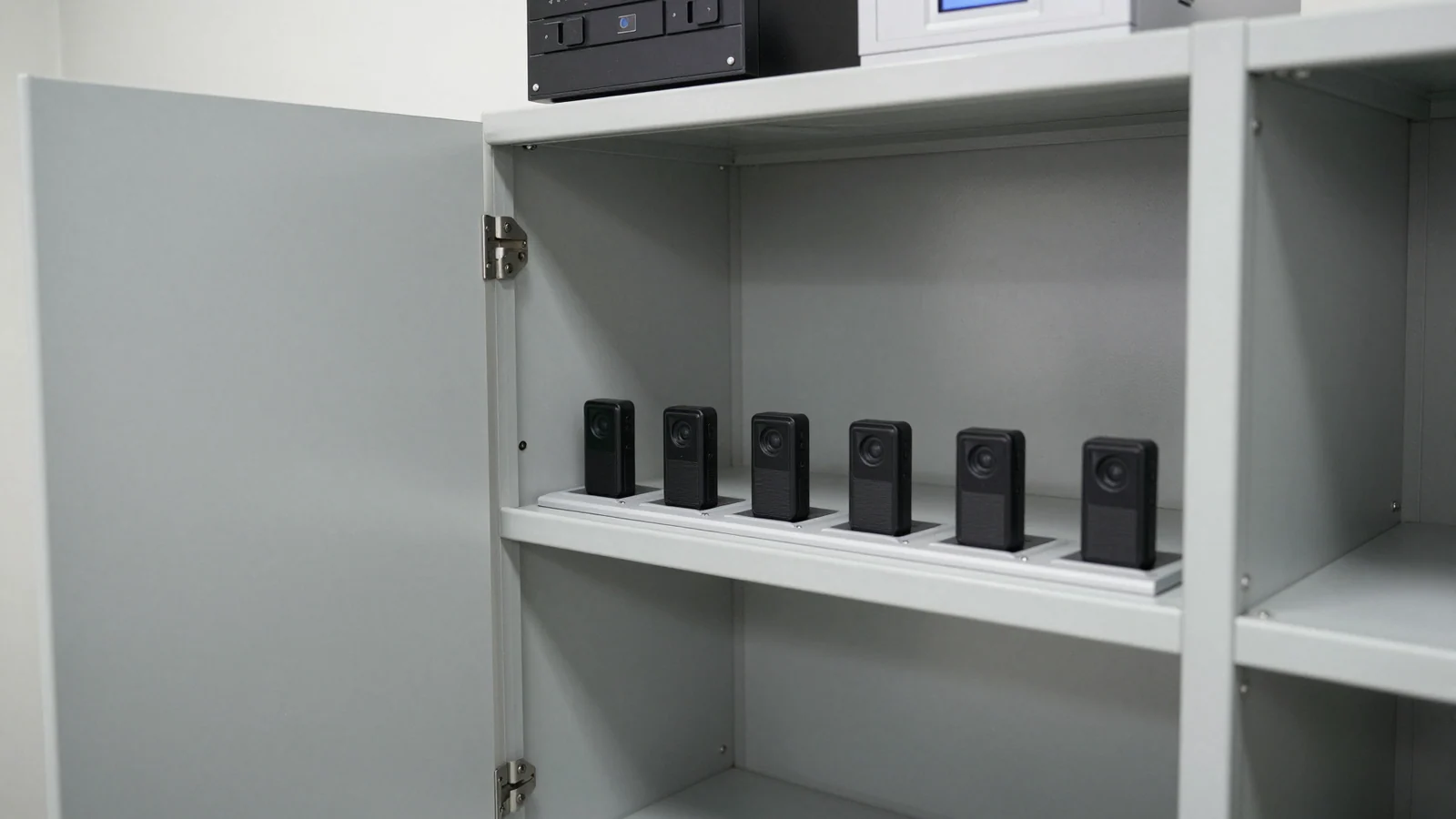 Six small body-worn cameras stand in a charging dock inside an open metal equipment cabinet.