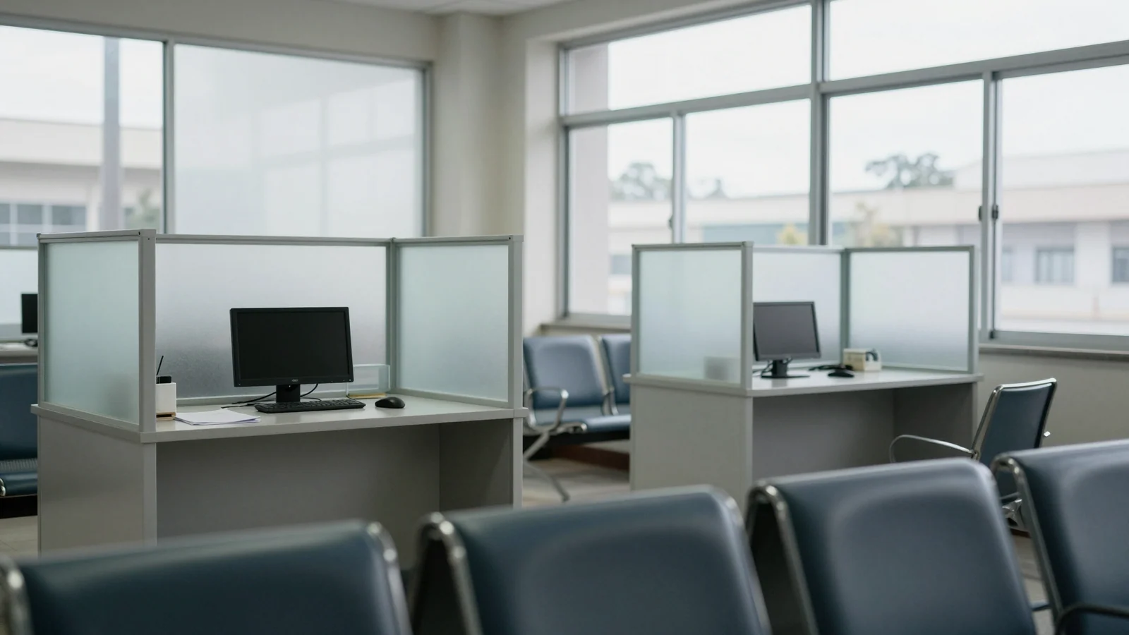 Empty customer-service desks with frosted dividers, dark monitors and blue-grey waiting chairs.