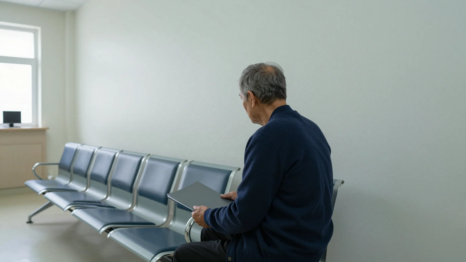 An older adult seen from behind holds a closed folder beside a row of blue-grey waiting-room chairs.