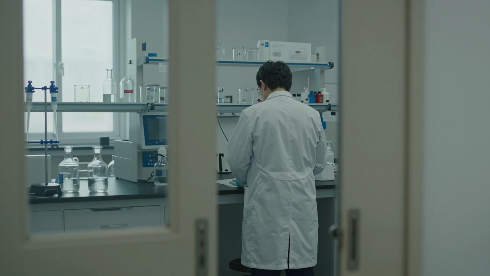 A researcher seen from behind works at a laboratory bench with glassware, viewed through a doorway.