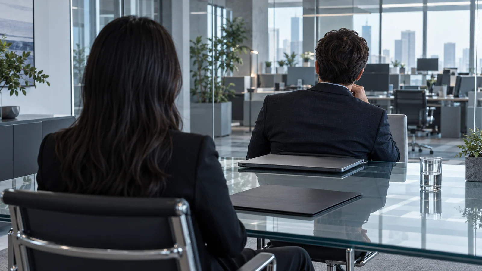 Two people seen from behind sit at a glass table overlooking an office workspace.