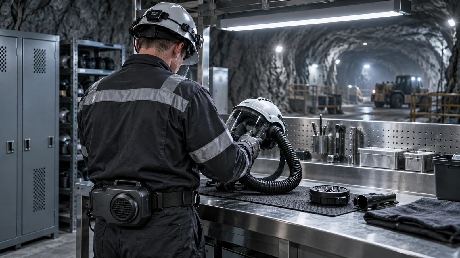 A miner seen from behind examines a respirator at a steel bench beside an underground tunnel.