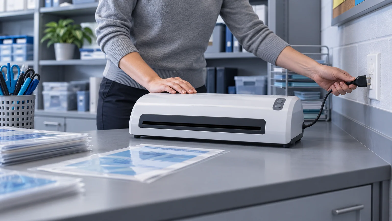 An adult's hands hold the plug of a generic white laminator beside an outlet in a school workroom.