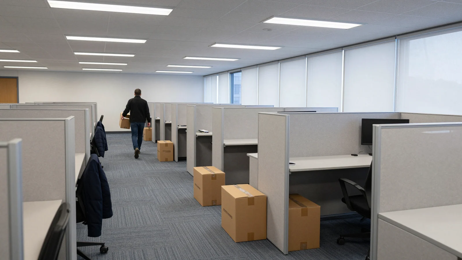 An open-plan office floor of grey cubicles with cleared desktops, lit by ceiling fluorescents. Flattened cardboard moving boxes sit on the blue-grey carpet beside several workstations, a dark coat is still hooked over a chair at the left, and one person walks away down the aisle carrying a box.