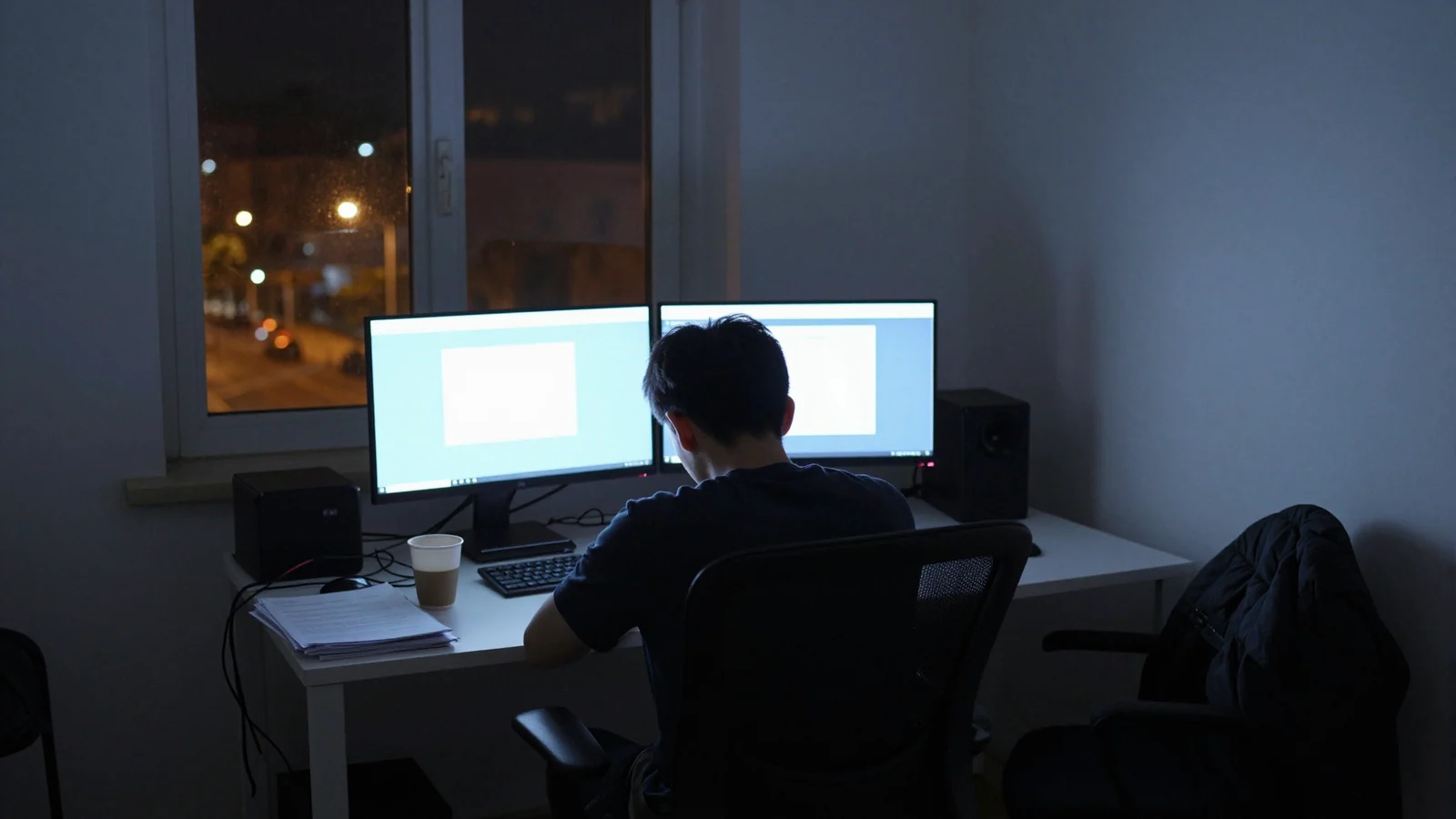 A single person sits at a desk in a dark room at night, seen from behind, lit only by two monitors showing blank pale panels. A paper cup, a keyboard and a loose stack of papers lie on the white desk; a window at the left looks out on a street of small orange lights, and a jacket hangs over a chair in the shadow at the right.