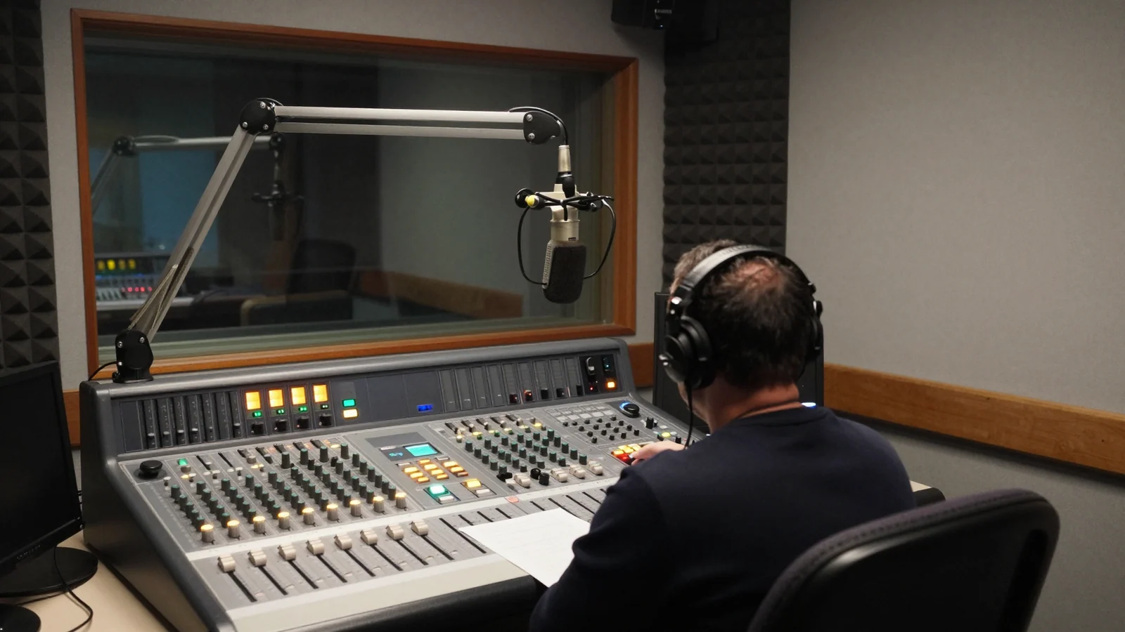 A radio studio seen from behind the operator's chair: a wide mixing console of faders and lit amber and green buttons, a large microphone on a counterweighted boom arm, and a window through to a dark adjoining booth. A person in headphones sits at the console with their back to the camera, a blank sheet of paper beside their hand.