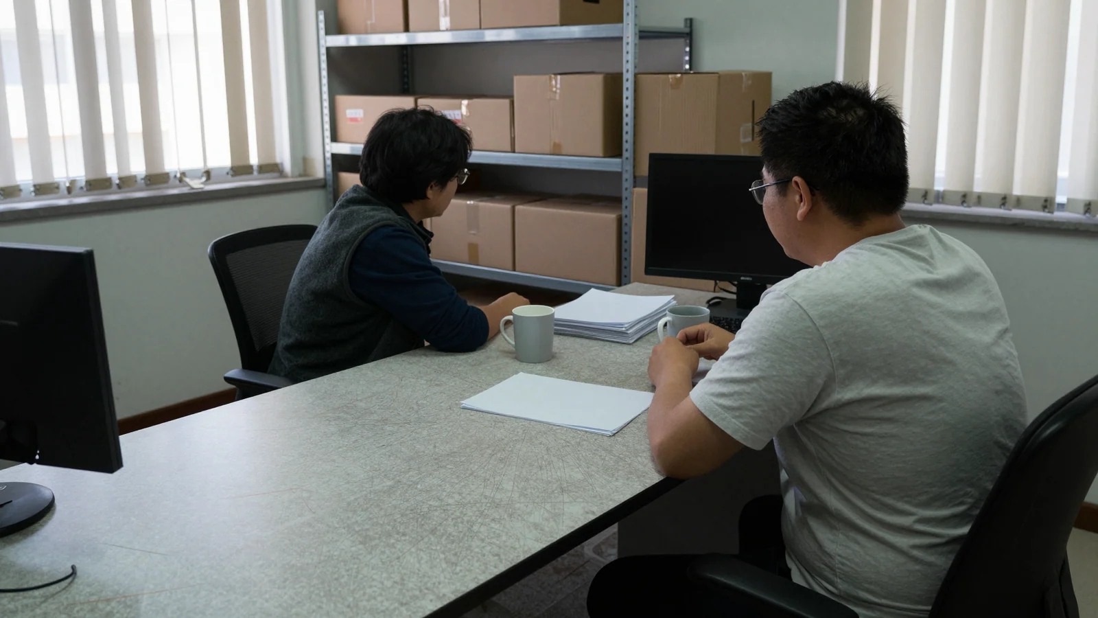 Two people sit at opposite ends of a scratched laminate table in a small back office, both turned away from the camera, a stack of blank paper and two mugs between them. Metal shelving stacked with plain cardboard boxes fills the back wall, a dark monitor stands at each end, and vertical blinds flatten the daylight.
