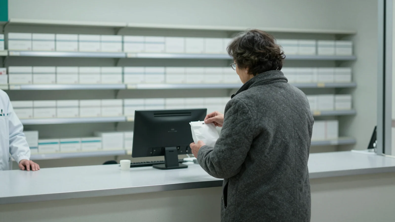 An older woman in a grey quilted coat stands at a pharmacy counter, seen from behind, holding a small white paper bag. A pharmacist's white sleeve and hand reach in from the left edge. Behind the counter, long shelves hold rows of identical plain pale cartons.