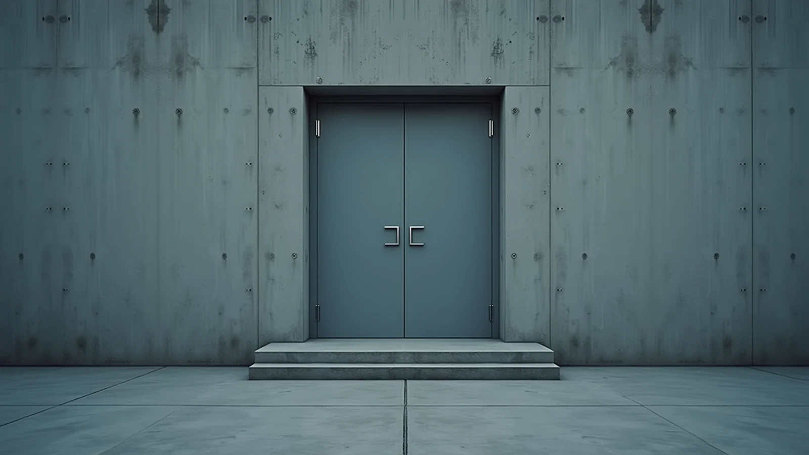 A closed pair of plain grey double doors set into a weathered concrete wall above a shallow concrete step.