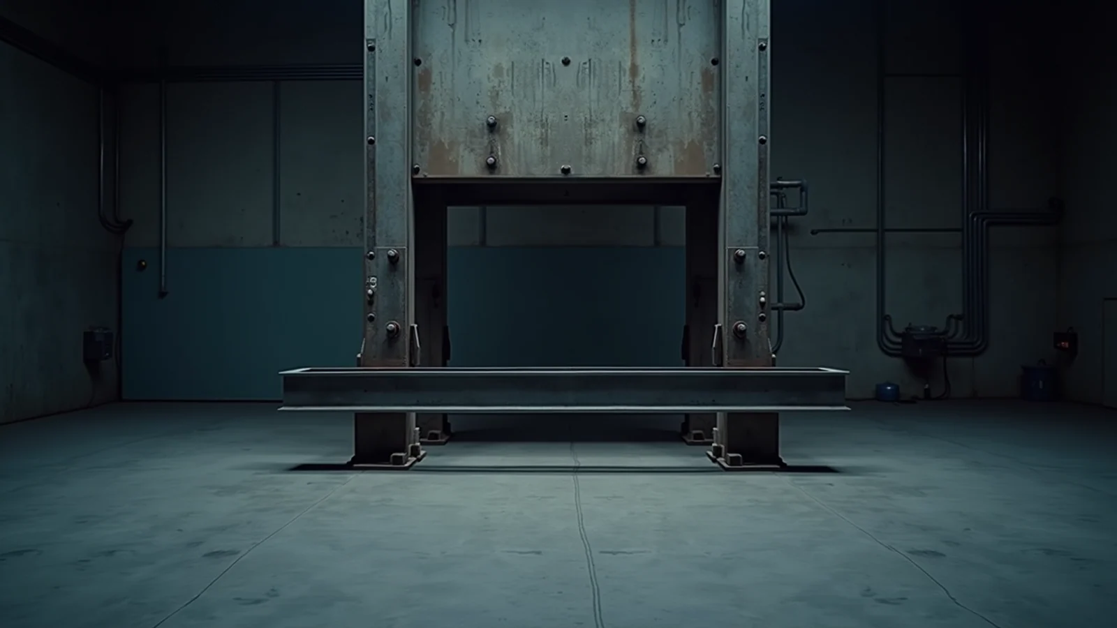 A steel beam resting on supports beneath the frame of a heavy industrial test press in a dim, empty concrete hall.