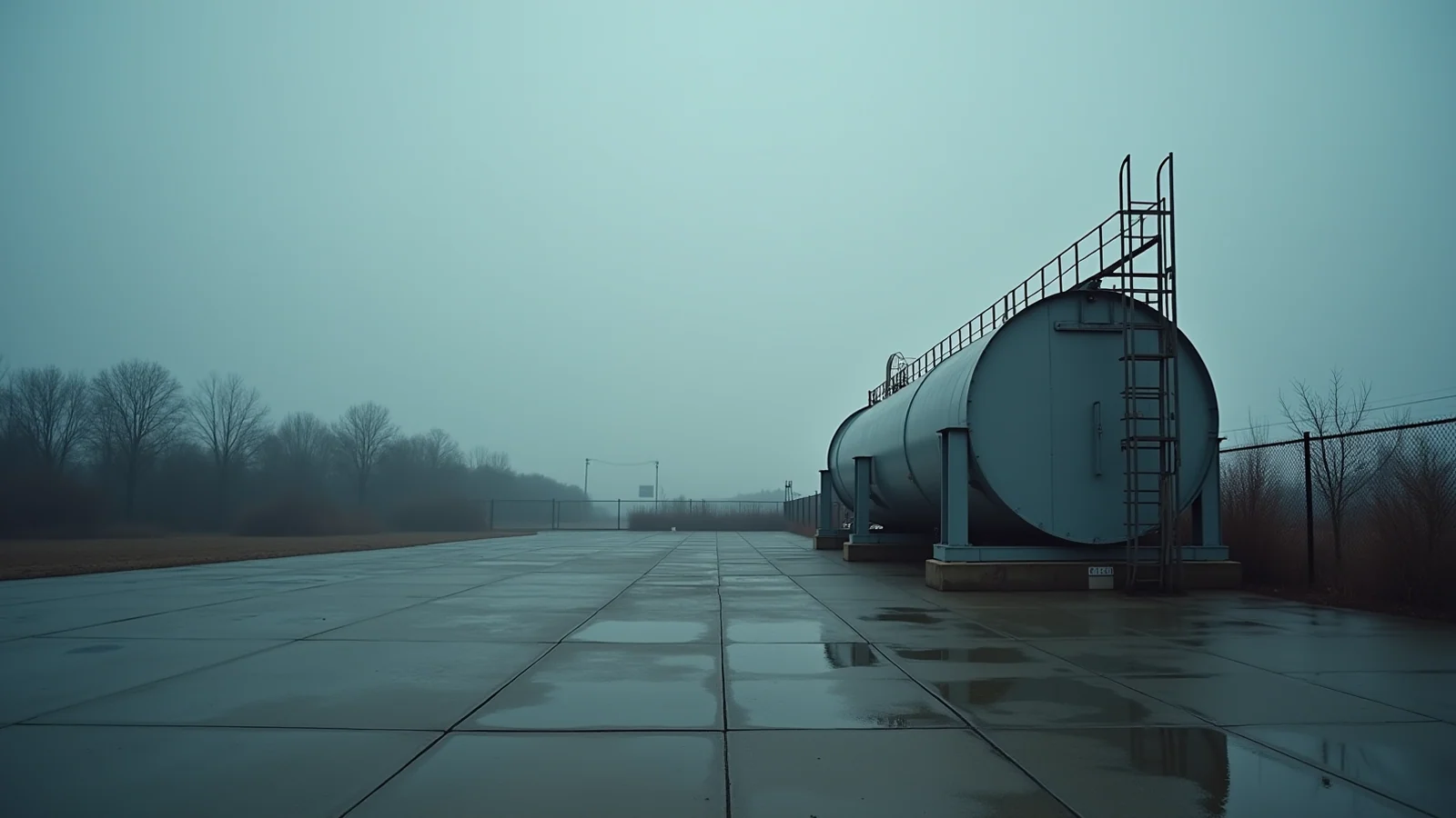 A horizontal industrial storage tank with a steel stair beside it in a fenced yard of wet concrete under a grey sky.