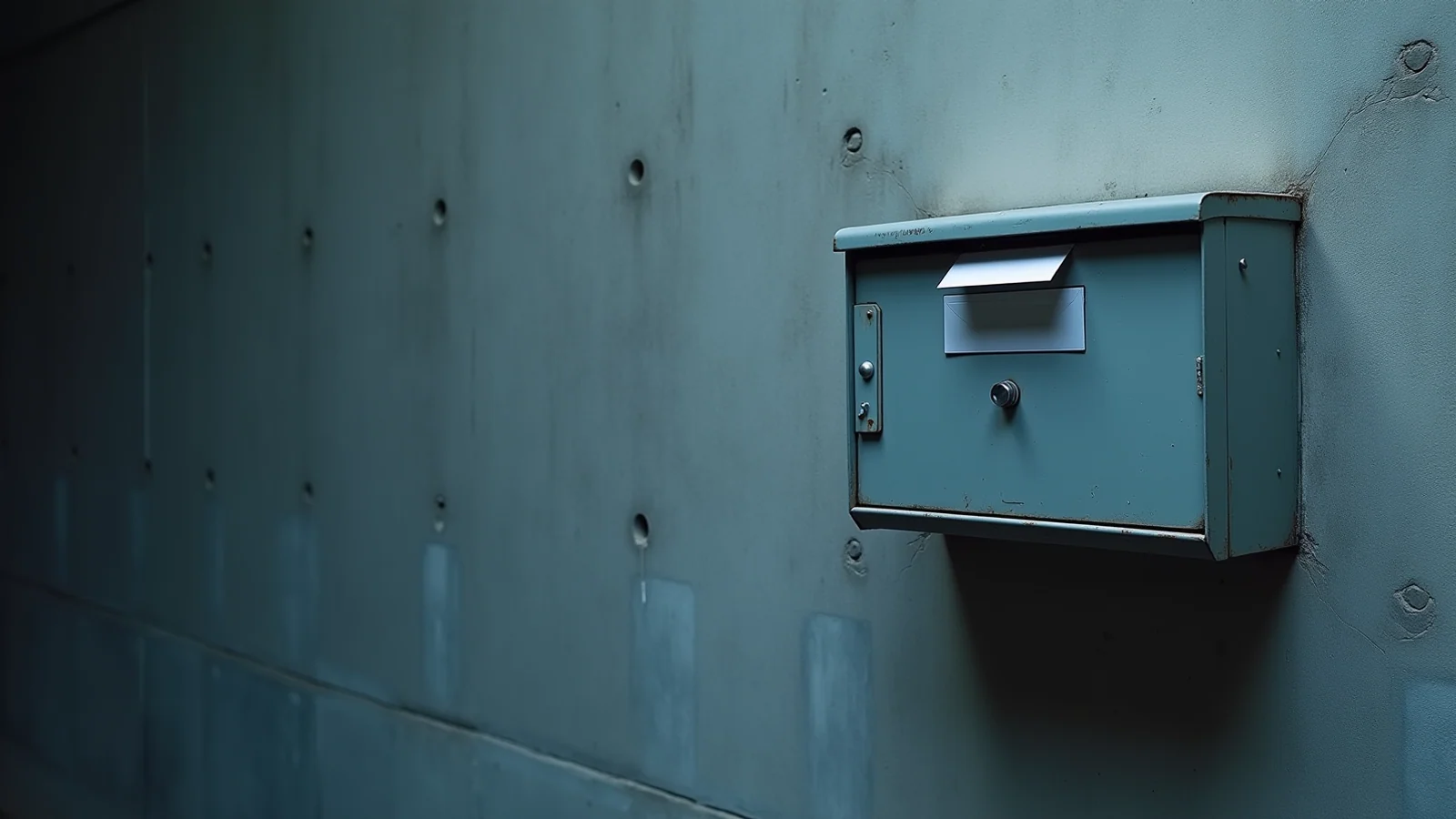 A grey steel mailbox mounted on a bare concrete wall, its small door ajar with a plain white envelope showing at the slot, in cold side light.