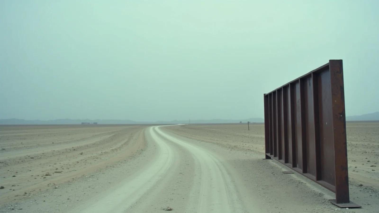 A weathered steel barrier section standing alone on pale desert ground beside a dirt road that curves into haze.