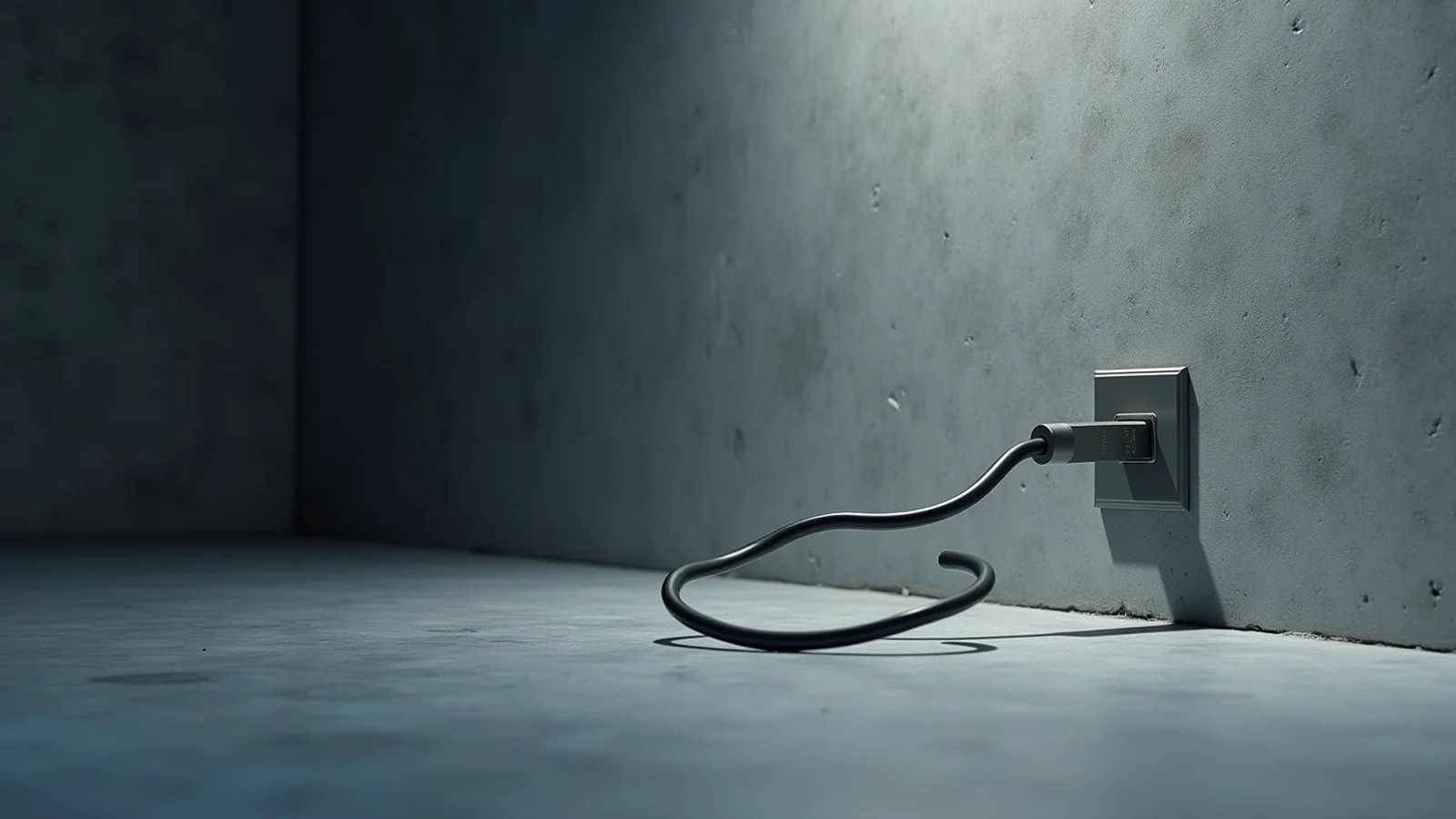 A thick black cable plugged into a plain steel plate on a bare concrete wall, its slack curling onto the empty concrete floor in cold light.