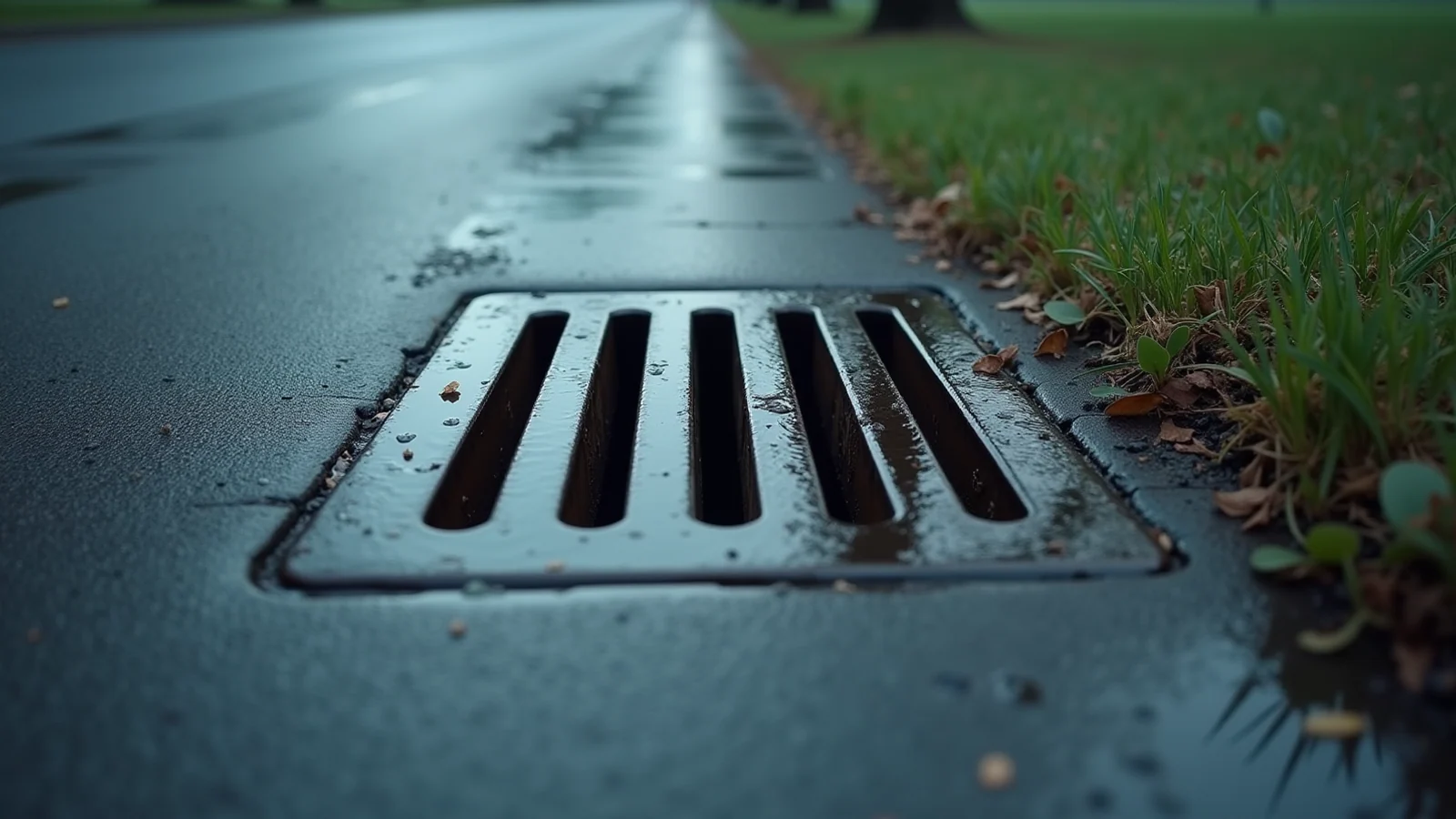 A close, low view of a steel storm-drain grate in wet grey pavement beside a strip of cut grass.