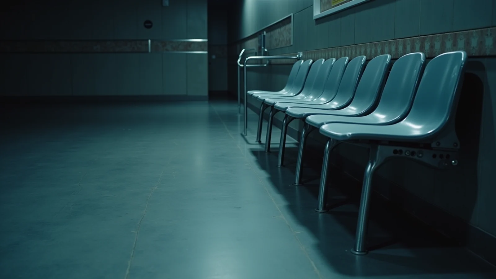A row of empty blue-grey plastic waiting chairs on a steel rail along the wall of a dim hall with a polished floor.