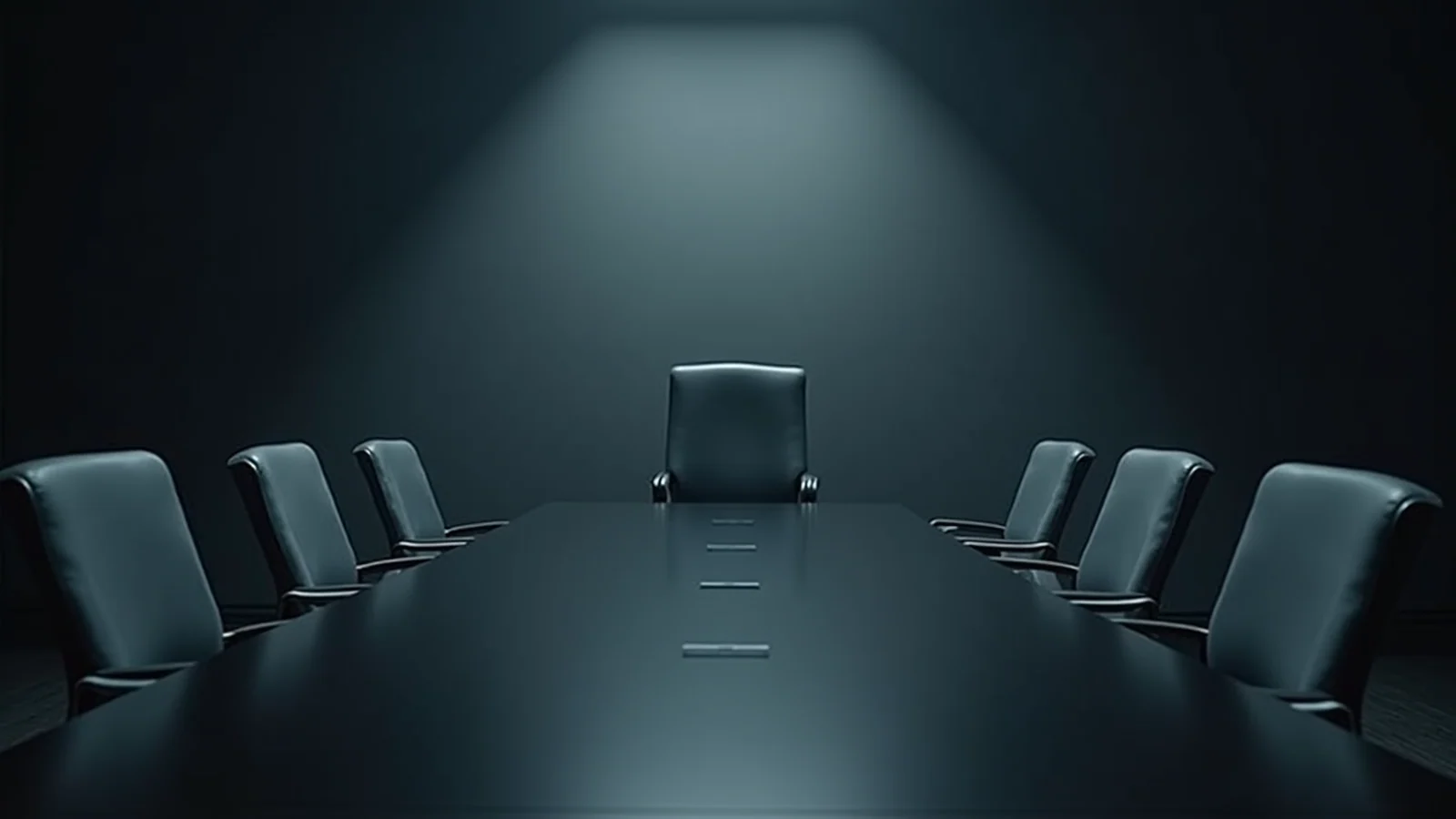 A single chair at the head of a long dark conference table under one overhead light, with empty chairs pushed in along both sides.