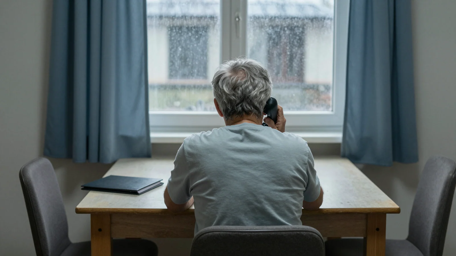 An older adult seen from behind holds a telephone at a dining table beside a rainy window and blue curtains.