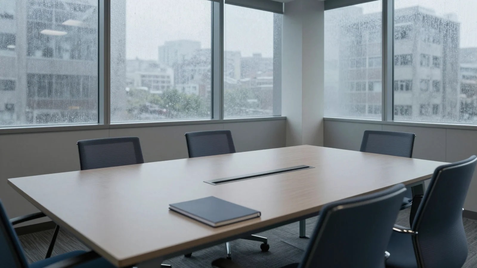 An empty conference room with blue-grey chairs, a closed notebook and large windows overlooking a rainy city.