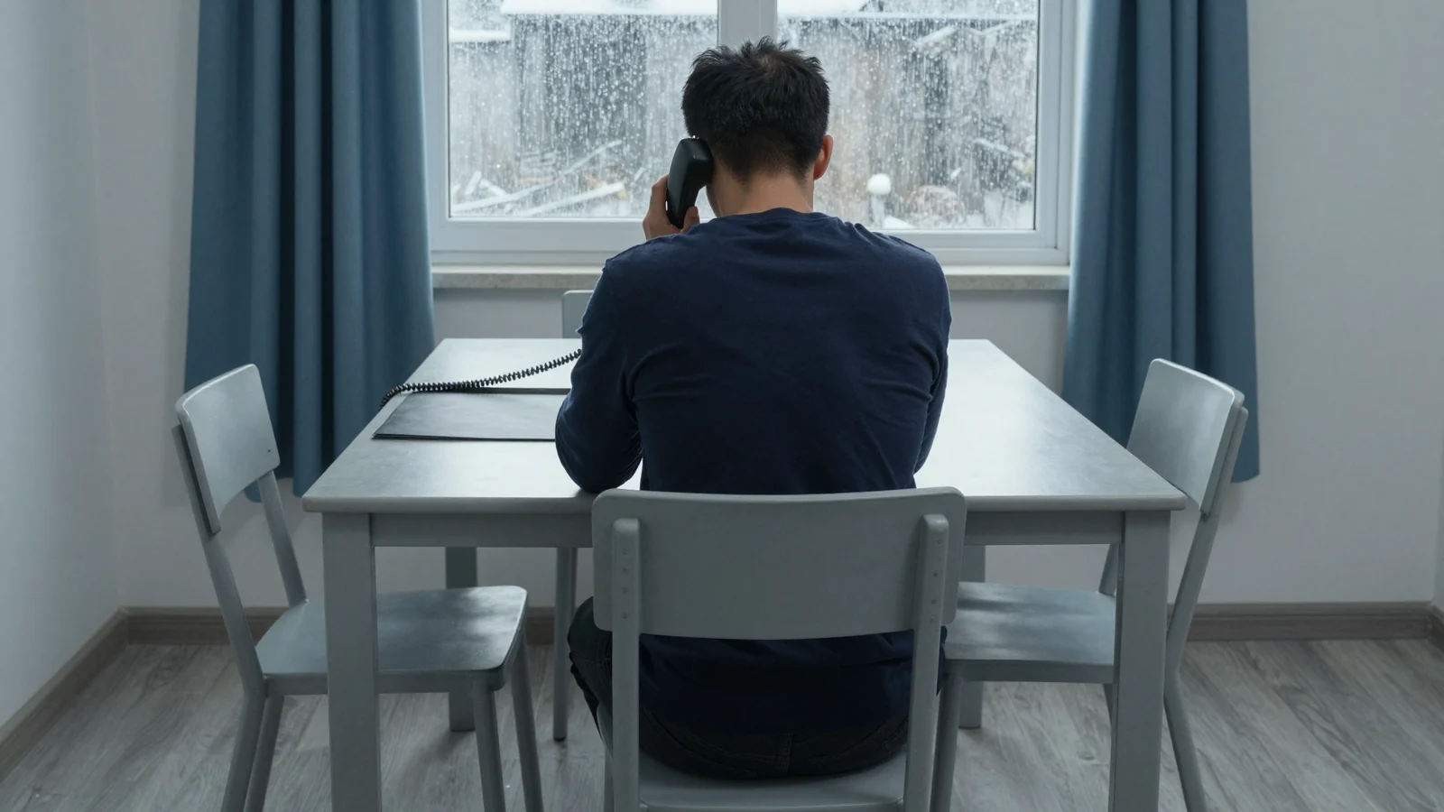 A person seen entirely from behind uses a telephone at a grey dining table with a closed folder beside a rainy window.