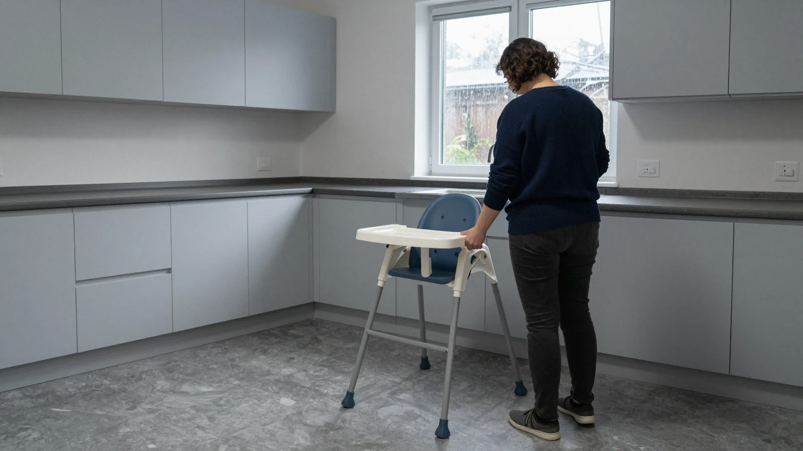 An adult in a navy sweater stands with their back to the camera beside an empty blue and white high chair in a grey kitchen.