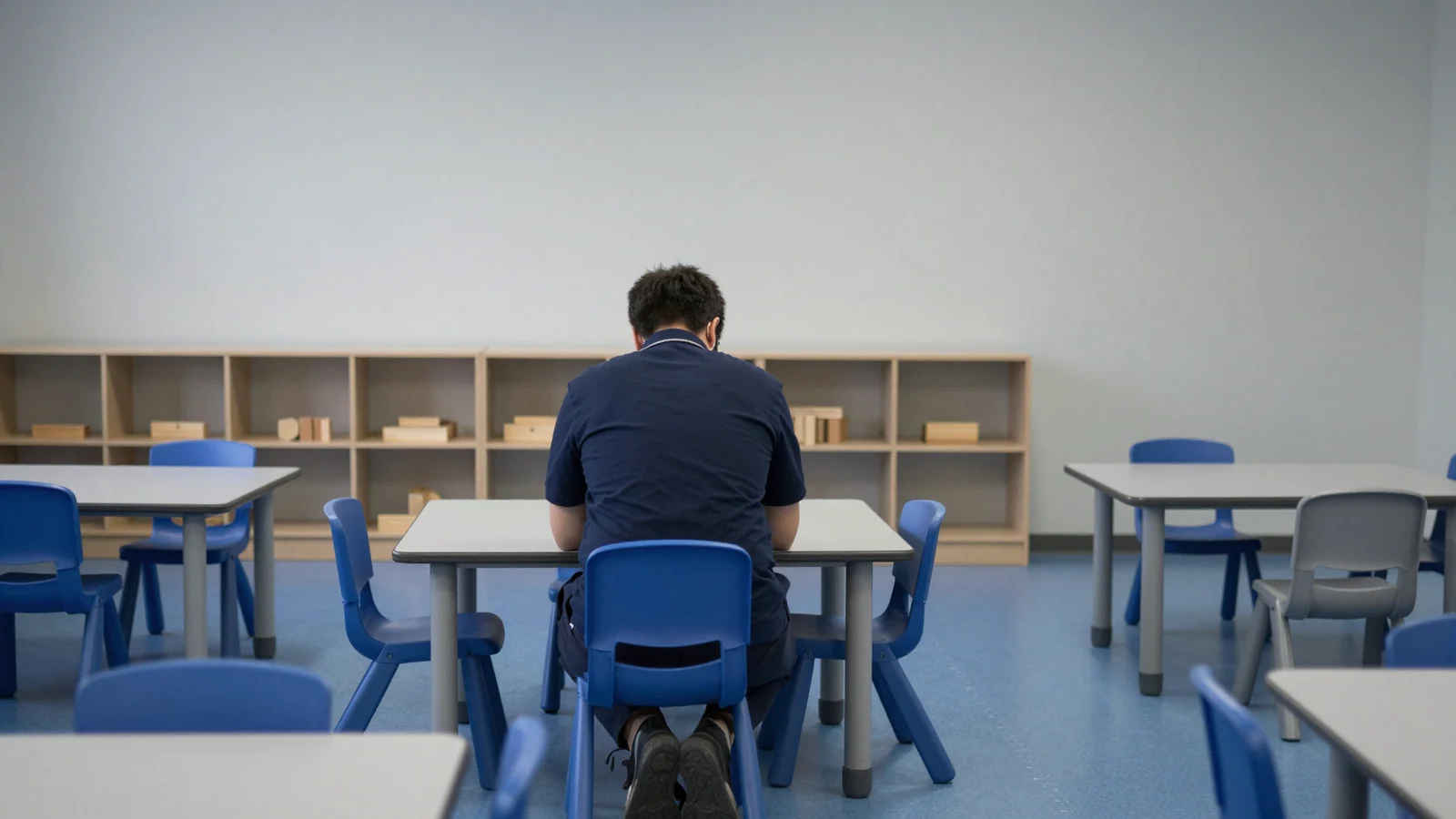 An adult seen from behind kneels at a low table among empty blue and grey chairs in a classroom.