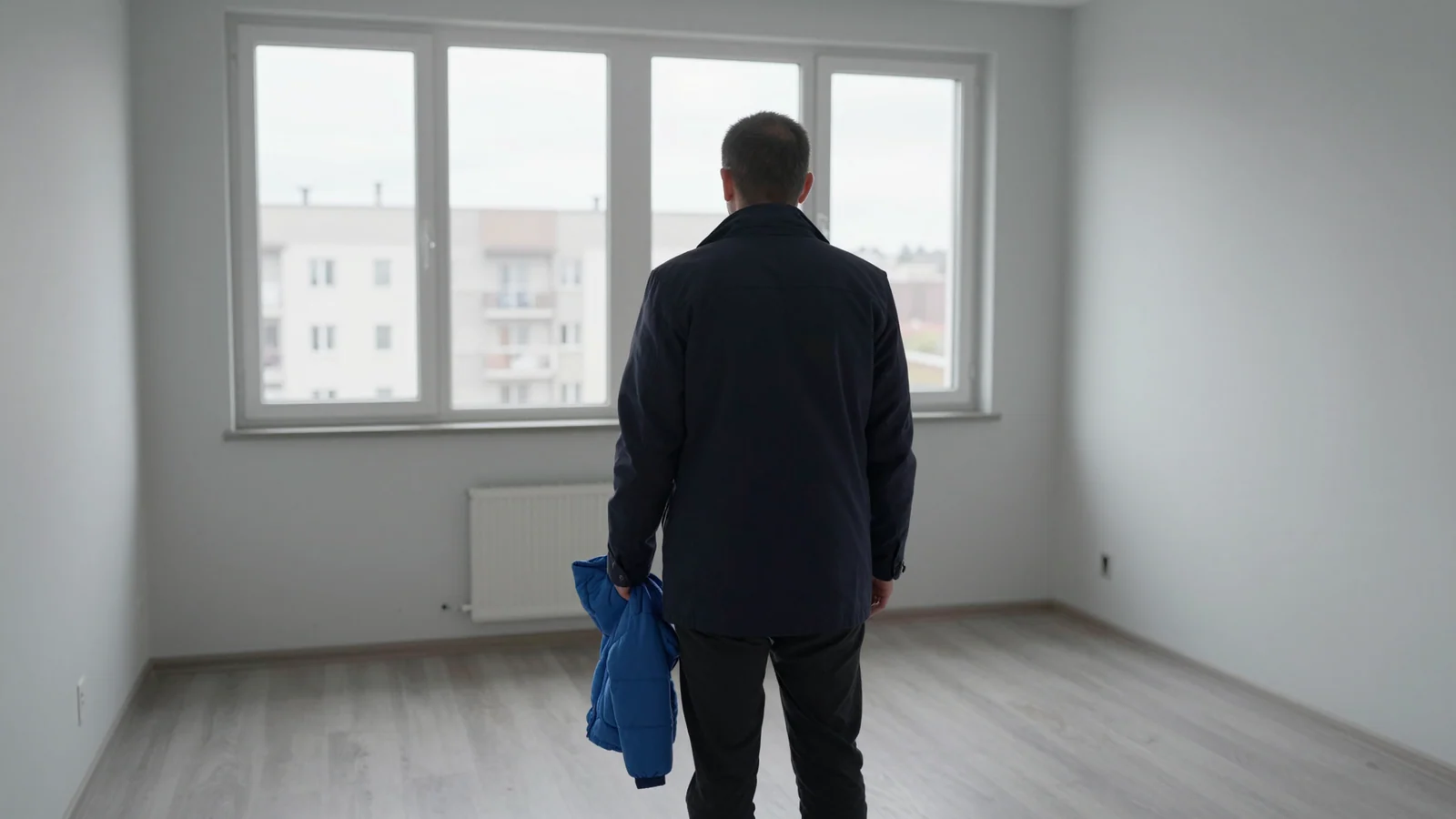An adult seen from behind holds a small blue jacket while facing the windows of an empty grey apartment.