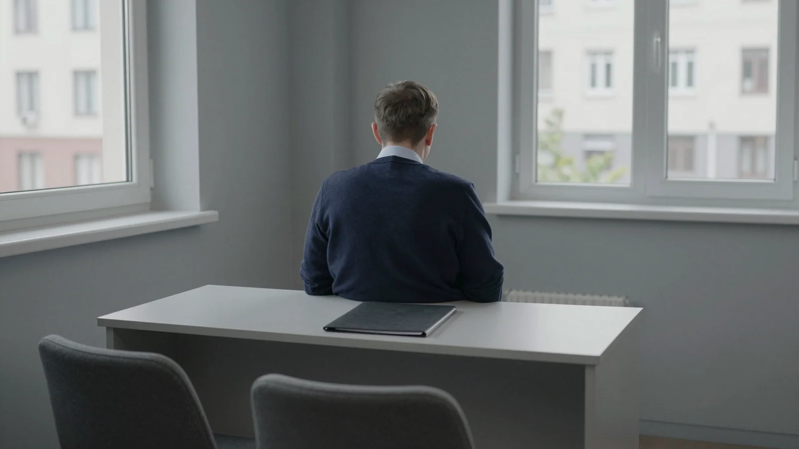 A person seen from behind sits at a desk in a bright room.