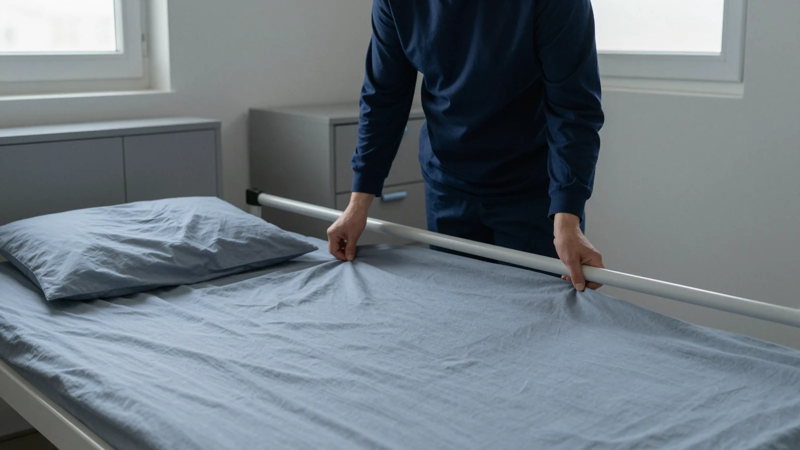 A caregiver cropped below the shoulders holds a plain metal bedside rail beside an empty bed with blue-grey bedding.