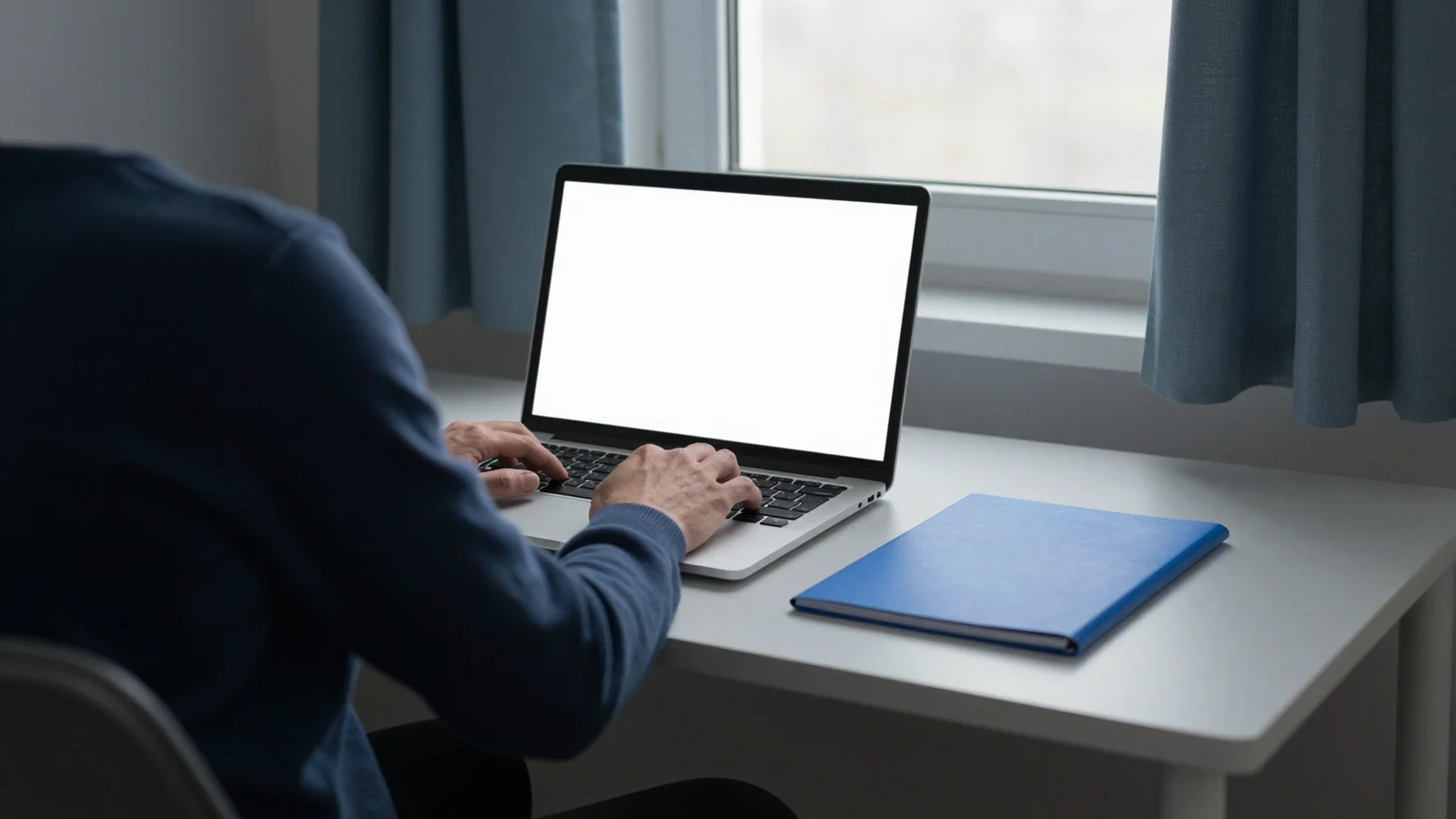 An adult's hands use a laptop with a blank screen on a grey desk beside a closed blue folder.
