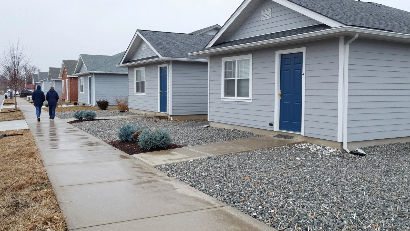 Two people walk away along a wet sidewalk beside a row of small grey houses.