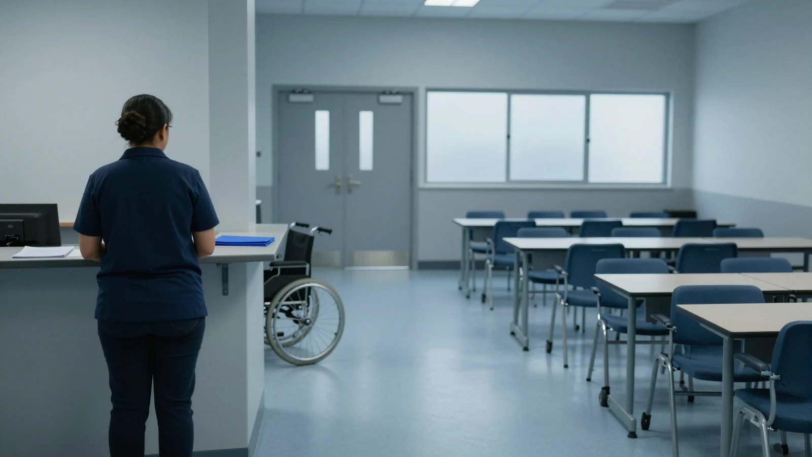 An adult seen from behind stands at a classroom counter beside an empty wheelchair, with rows of blue-grey chairs beyond.