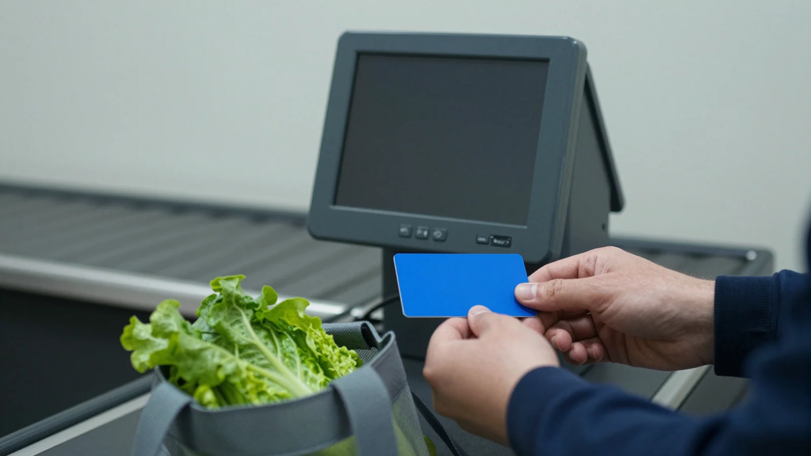 Hands hold a blank blue payment card beside a grey checkout terminal and a grocery bag of leafy vegetables.