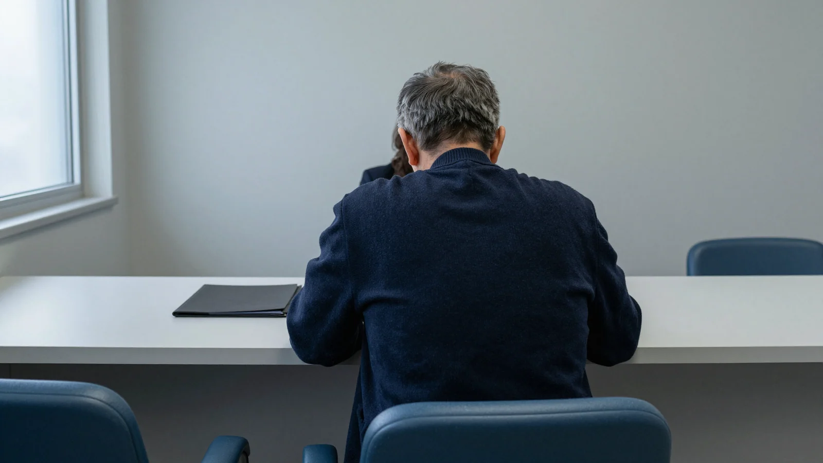A grey-haired adult in a navy sweater sits with their back to the camera at a pale-grey consultation desk beside blue chairs.