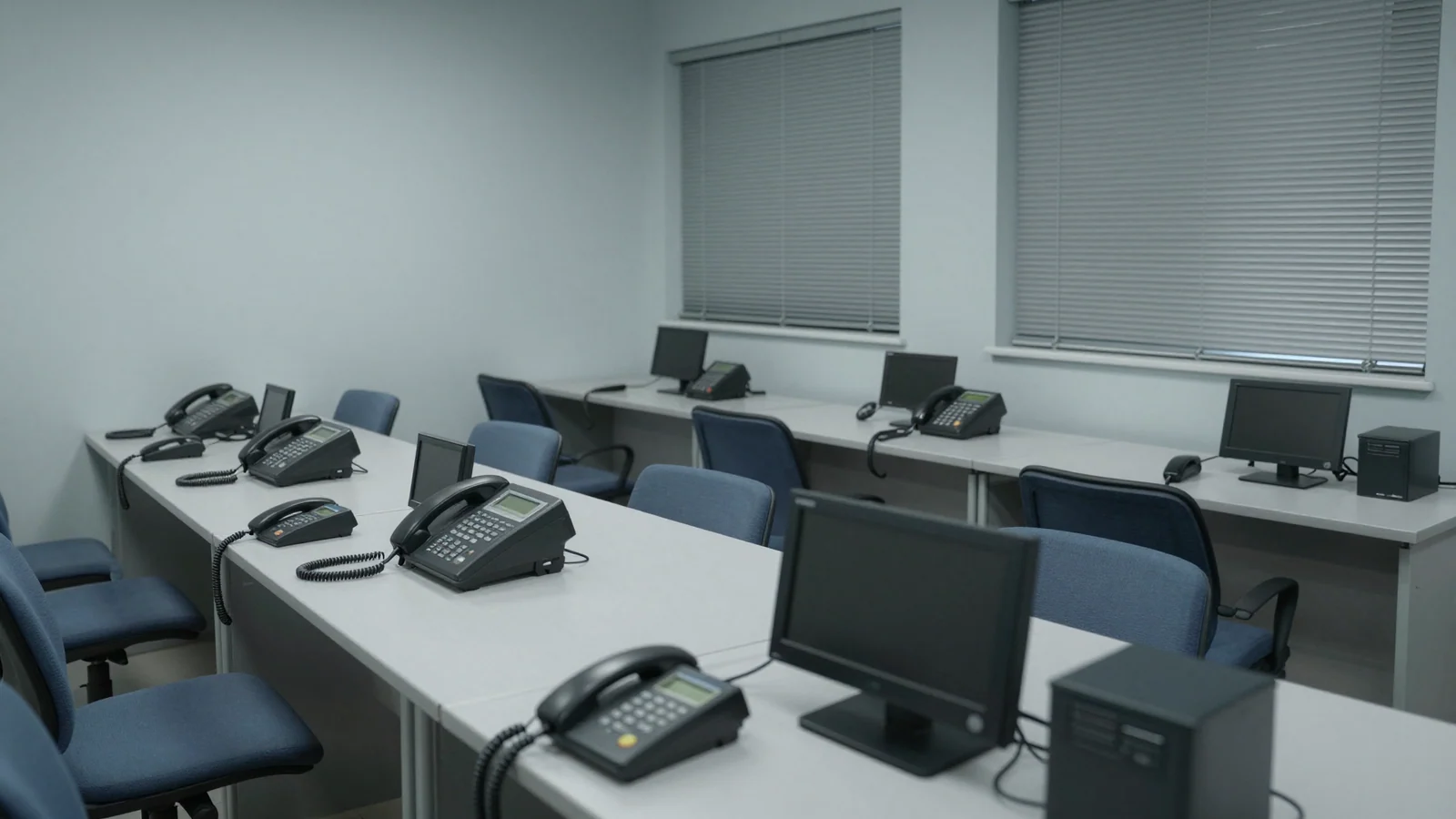 Empty rows of pale-grey office desks hold dark monitors and telephone handsets beside blue-grey chairs and closed window blinds.