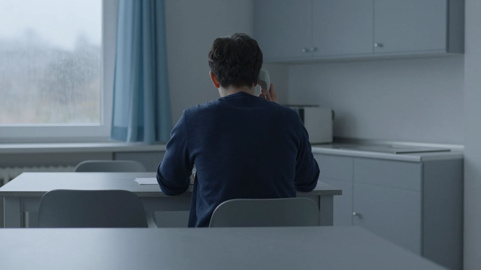 An adult seen from behind holding a pale telephone handset at a grey kitchen table beside a rainy window.