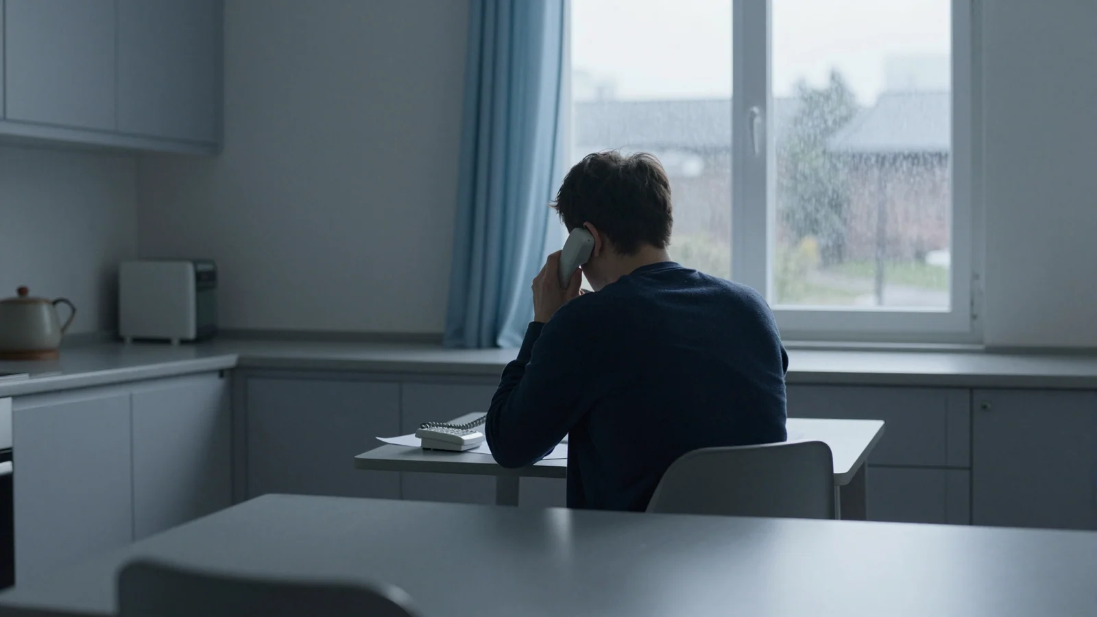 An adult in a navy cardigan seen from behind speaking on a telephone at a small kitchen table beside a rainy window.