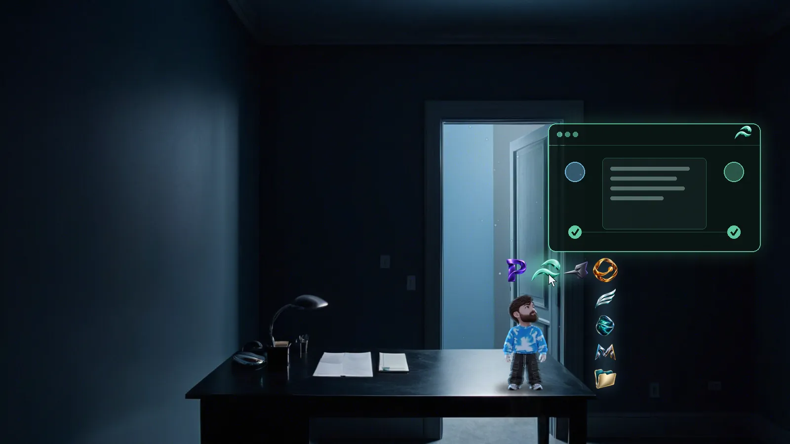 Animation: in a dark room lit by an open doorway, a small toy figure in a blue cloud sweatshirt stands on a stone desk. A mouse pointer lands on it and it waves; eight small emblems pop into the air above and beside it and it looks up at them; the pointer hovers the mint wave, a small card reads Parley, Open workspace, and a click opens a glowing window above the desk where two circles each get a check mark, while the figure jumps.
