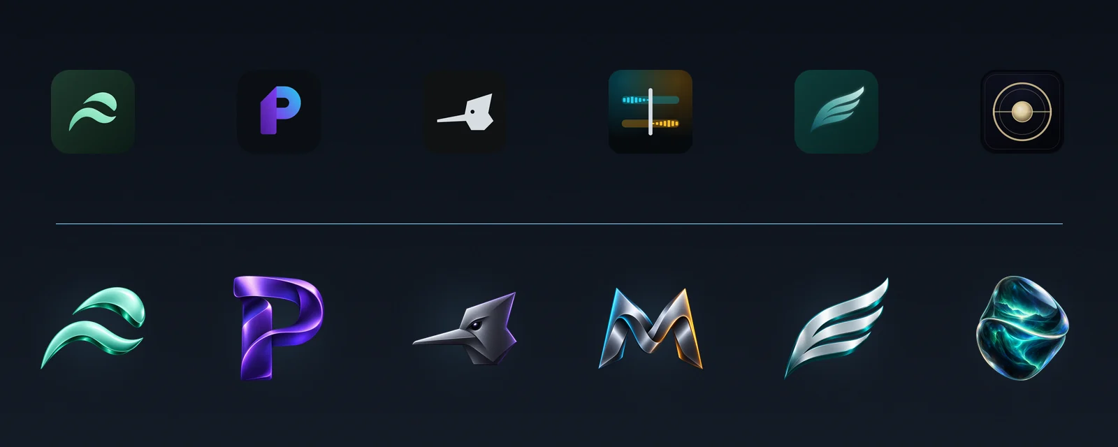 Two rows of six app icons on a dark ground. The top row is flat icons on square tiles; the bottom row is the same six redrawn as glossy free-floating emblems: a mint wave, a violet P, a silver raven head, a chrome M, a platinum feather and a glass seed.