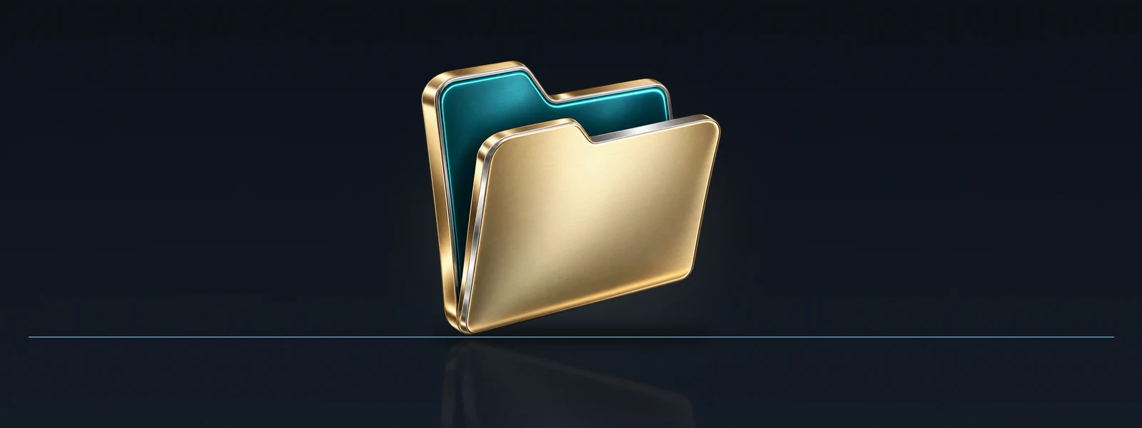 A brushed-gold folder icon with a glowing teal lining, standing on a dark ground with a faint reflection.