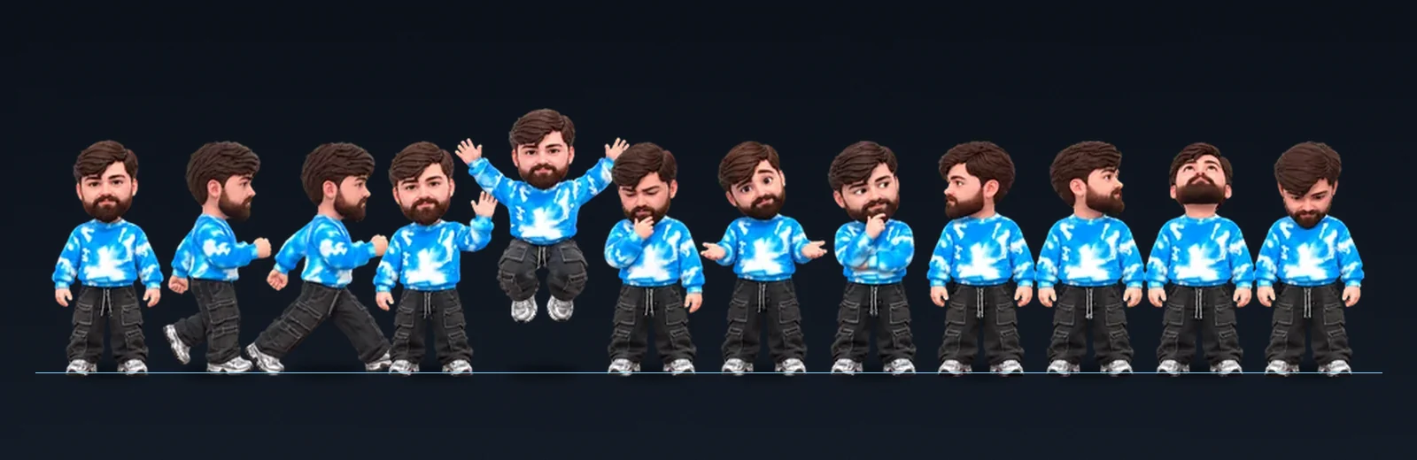 Twelve frames of the same small toy figure in a blue cloud sweatshirt standing in a row on a dark ground: standing, walking, waving, jumping with arms up, a hand on the chin, arms open, and turning its head to look in several directions.