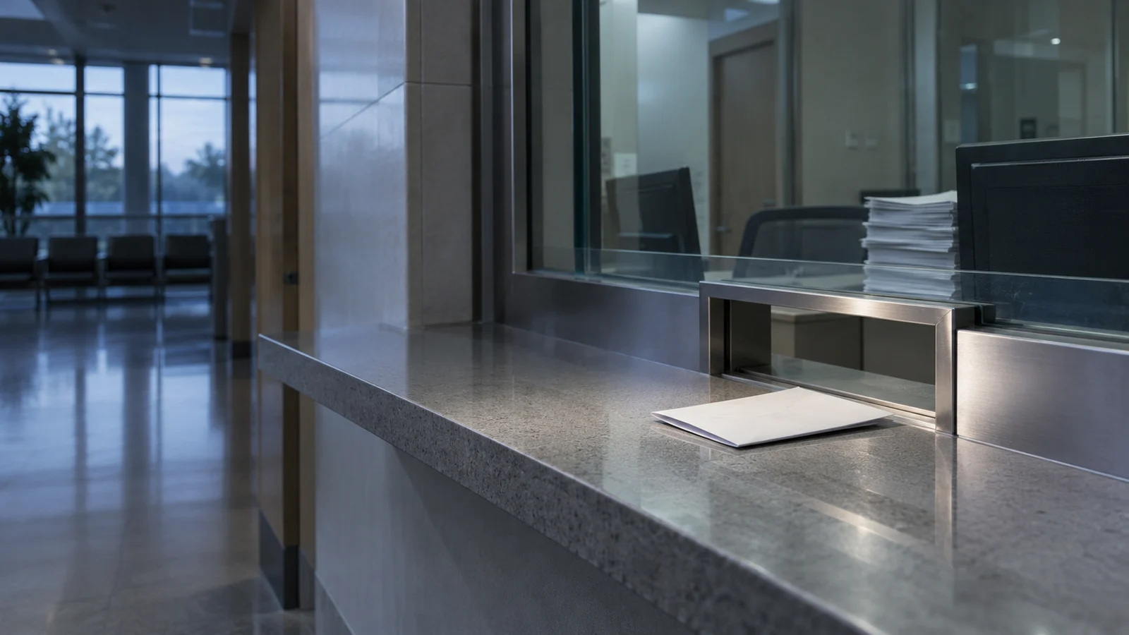 A folded sheet waits on the patient’s side of a glass reception window, with a stack of paperwork behind the glass and empty waiting-room chairs beyond.