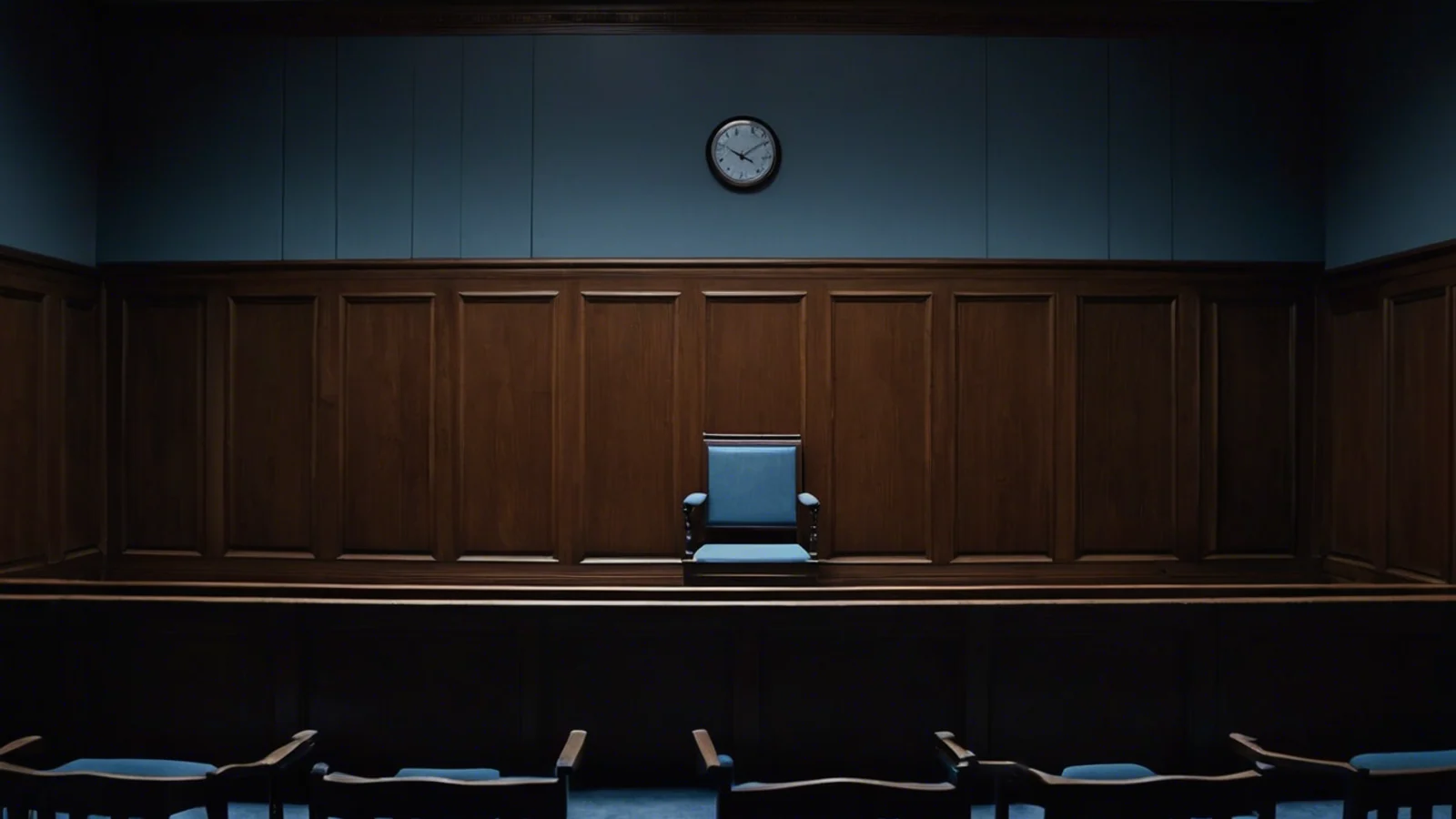 An empty wood-panelled courtroom seen head on, a single blue chair behind the bench and a clock on the wall above it, the benches below unoccupied.