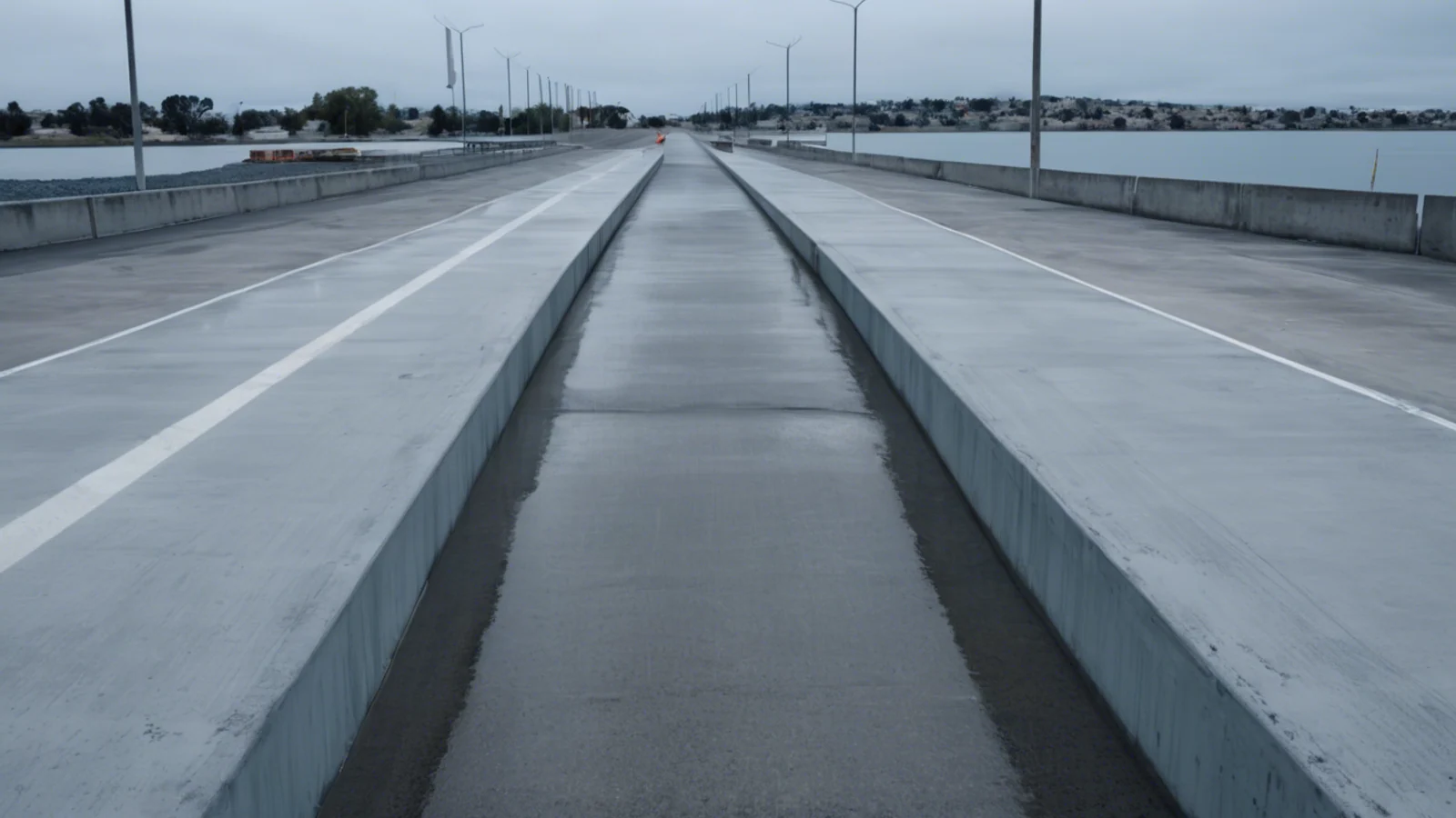 A long empty concrete dock approach receding to a flat grey horizon, its lanes divided by a raised kerb, with no vehicle or cargo anywhere in the frame.