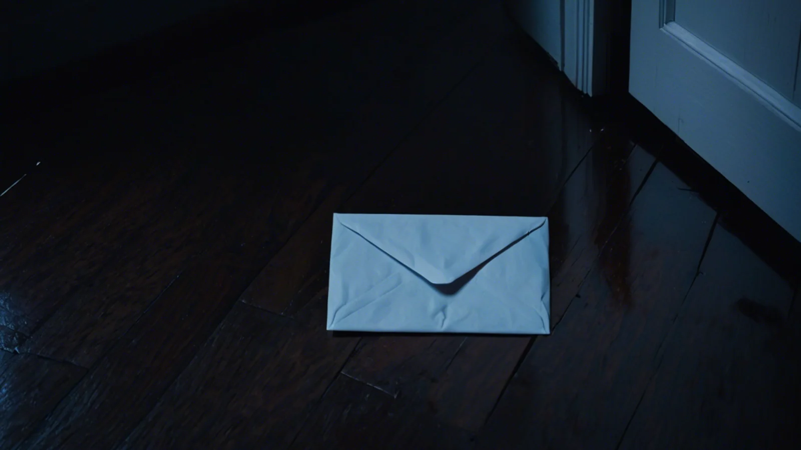 A single pale blue envelope lying face up and unmarked on a dark hardwood floor, with cold light falling across the boards around it.