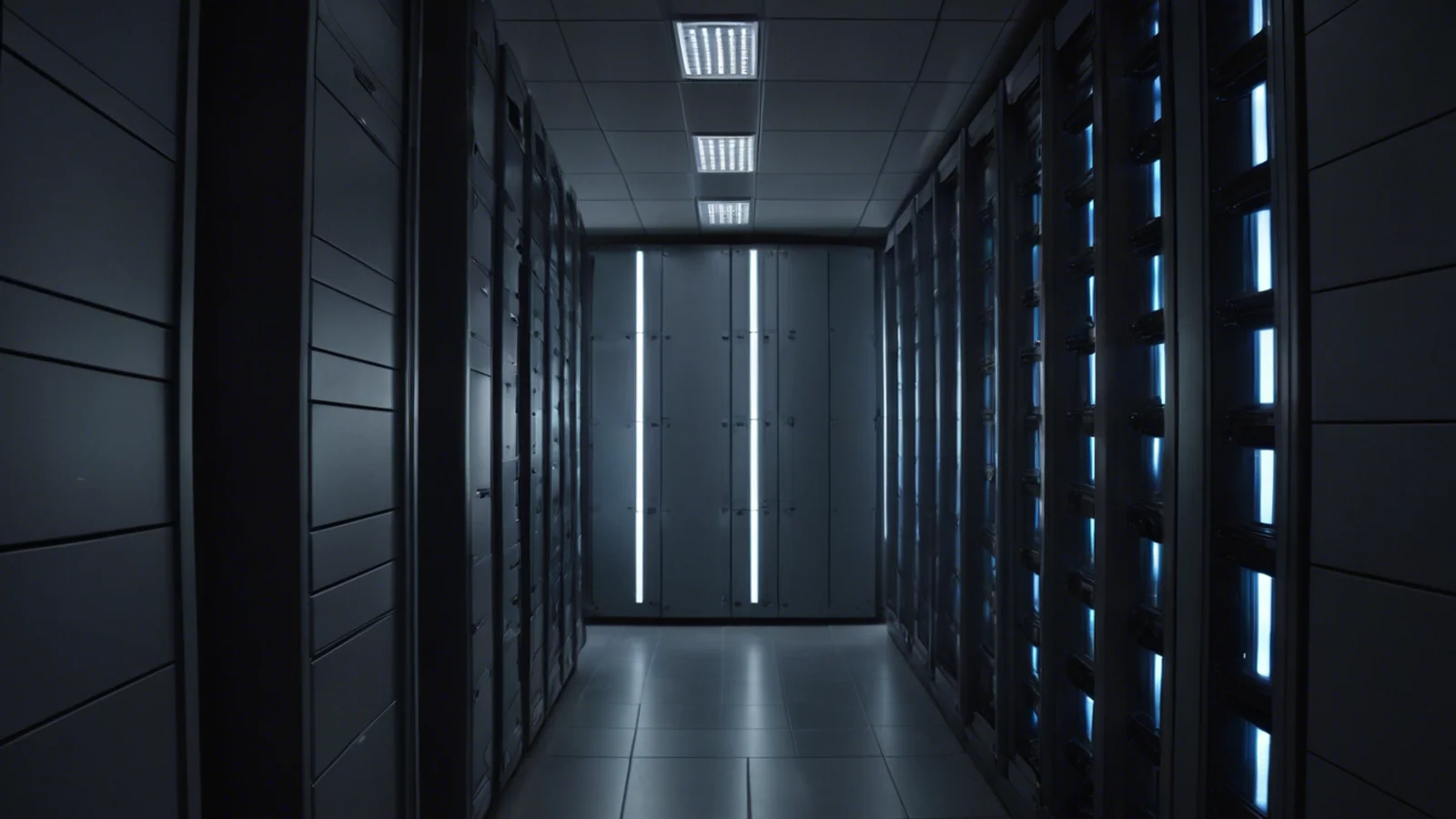 A dim empty aisle between two rows of dark server cabinets, lit by vertical strips of cold white light, with no markings on any cabinet face.