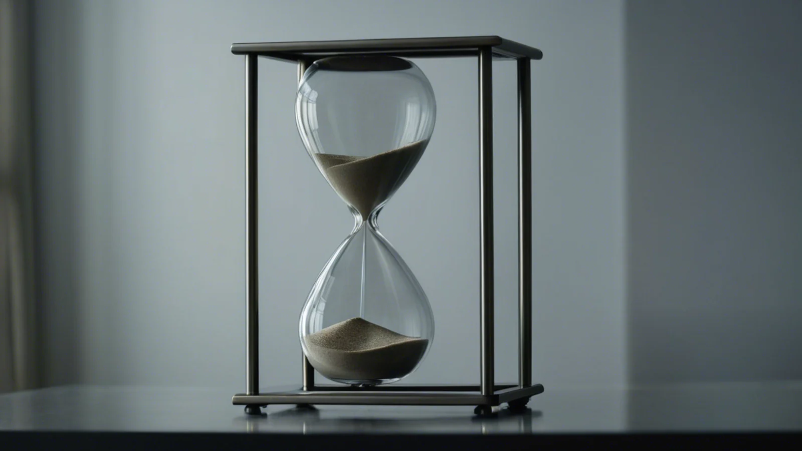 A glass hourglass in a plain steel frame standing on a pale grey surface, its sand part run through, against a flat cold grey wall.