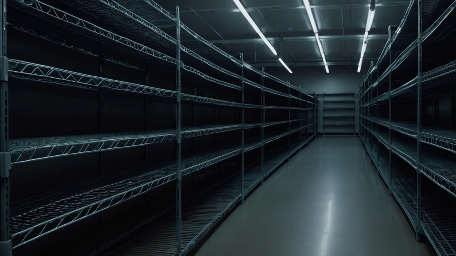A dim retail aisle lined with empty grey wire shelving on both sides, lit by a row of overhead tubes receding to a dark far wall.