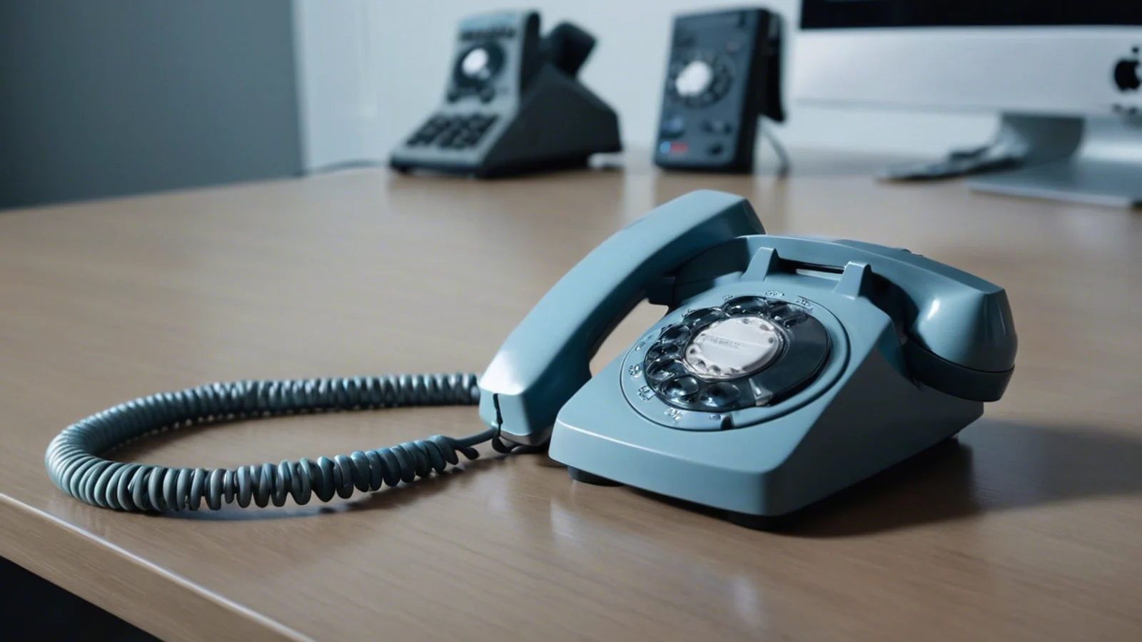 A blue-grey rotary desk telephone with its handset lifted off and lying beside it, the coiled cord slack across the desk, more telephones out of focus behind.
