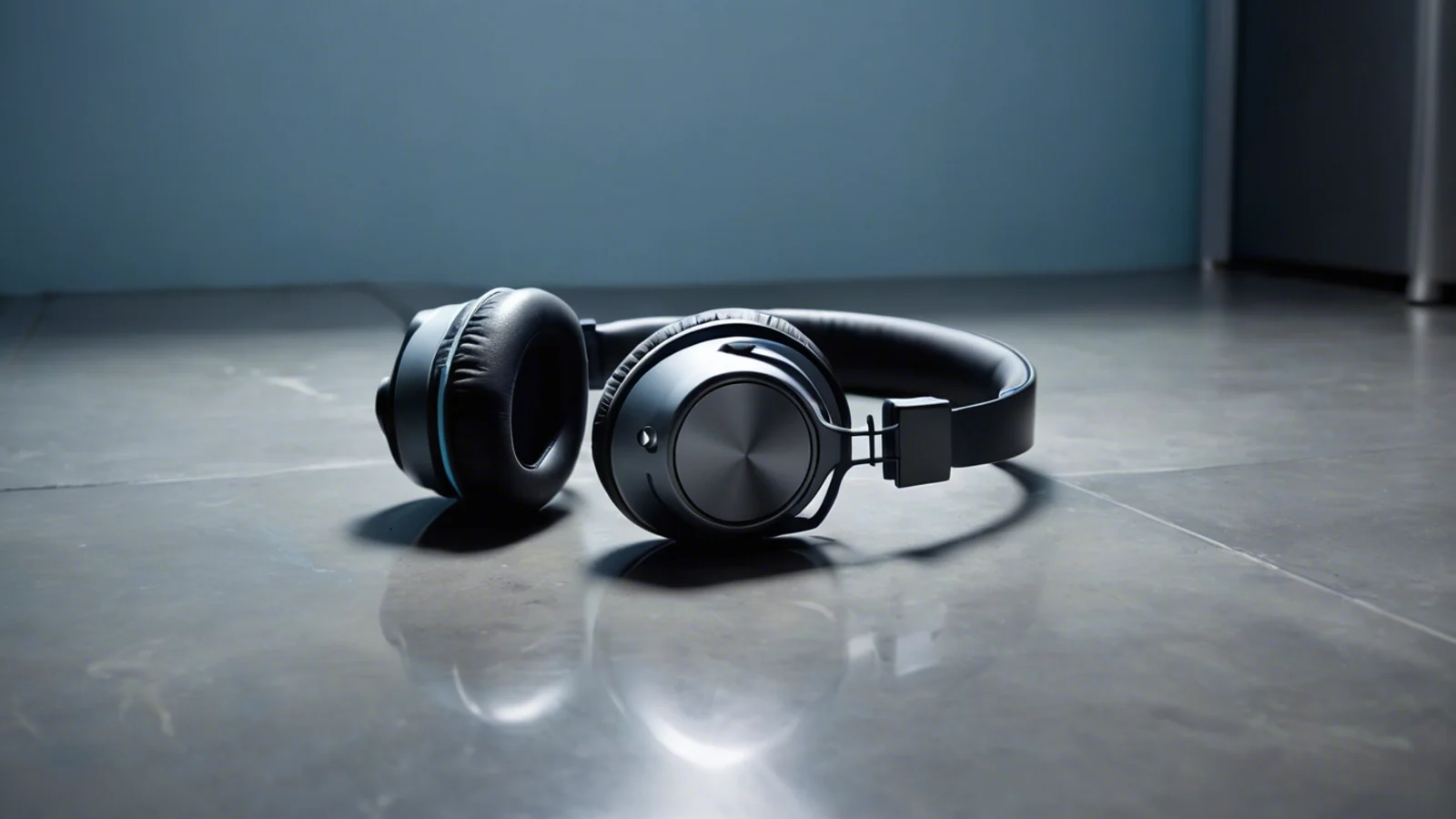 A pair of plain black over-ear headphones lying on a bare pale concrete floor in an otherwise empty room, nothing else in the frame.